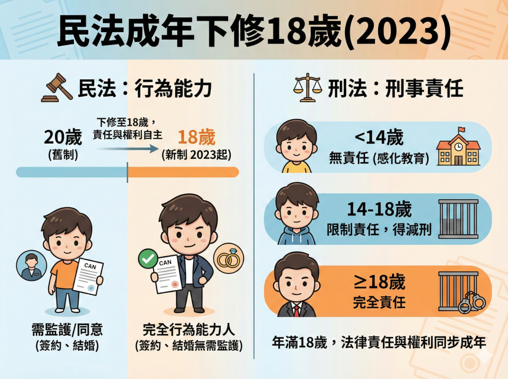國二公民長考題：民法成年下修18歲