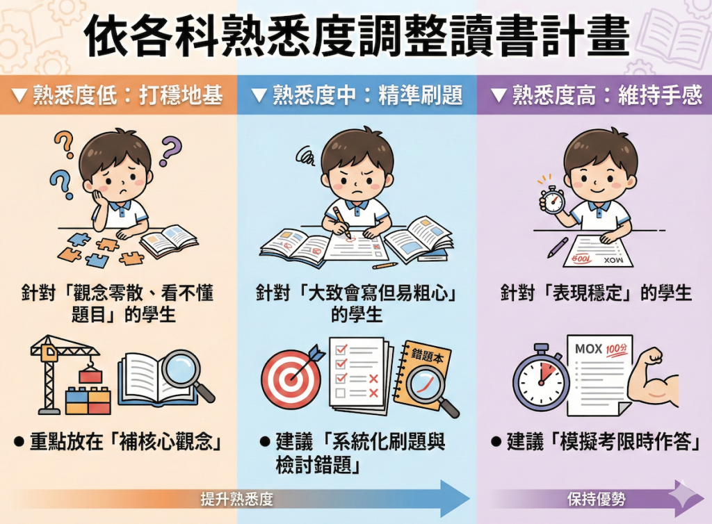 按照各科熟悉度調整讀書計畫，圖片內描述三種熟悉度，個別的備考方式差異
