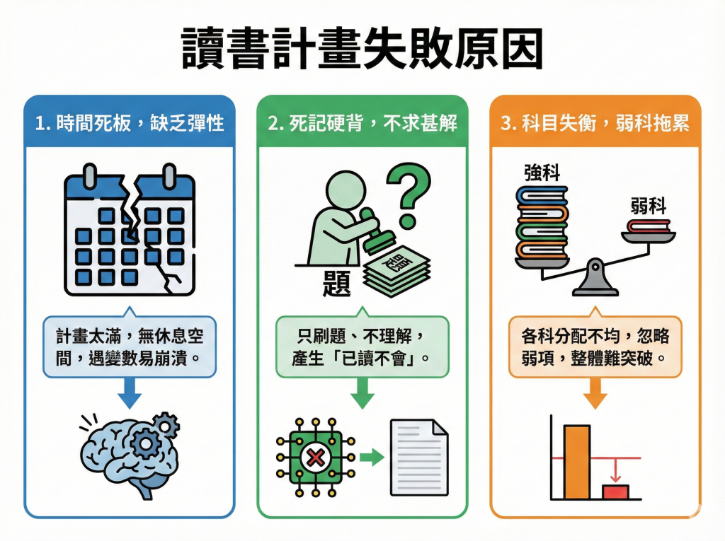 讀書計畫失敗原因有以下三點： 1. 讀書時間安排過於死板，缺乏彈性 學生情境：「每天把讀書計畫排得很滿，可是只要有一天沒跟上，整個進度就好像一起亂掉，心裡真的很慌。」 當讀書計畫排得過滿，未預留休息與調整空間，一旦遇到學校作業增加或進度落後，計畫就容易全面失衡，挫折感隨之增加，最後反而放棄執行。 2. 只刷題、不理解，產生「已讀不會」 學生情境：「我常常有這種感覺，明明看過、也看得懂解題，可是考試題目只要換個問法，腦袋就瞬間一片空白，不知道該從哪裡下筆。」 過度依賴死記硬背或題量累積，容易產生「熟悉感」的錯覺，誤以為自己已掌握重點，實際上卻未建立完整的答題思路與概念理解，導致考試時無法靈活應用。 3. 各科讀書時間分配不均 學生情境：「明知道弱科才是關鍵，但還是忍不住一直讀自己熟的範圍，最後進度看起來很多，成績卻沒有真正拉起來。」 許多考生習慣把時間花在較有信心的科目，卻忽略弱項的基礎補強。若未依各科熟悉程度調整權重，弱科將持續拉低整體表現，成績自然難以突破。