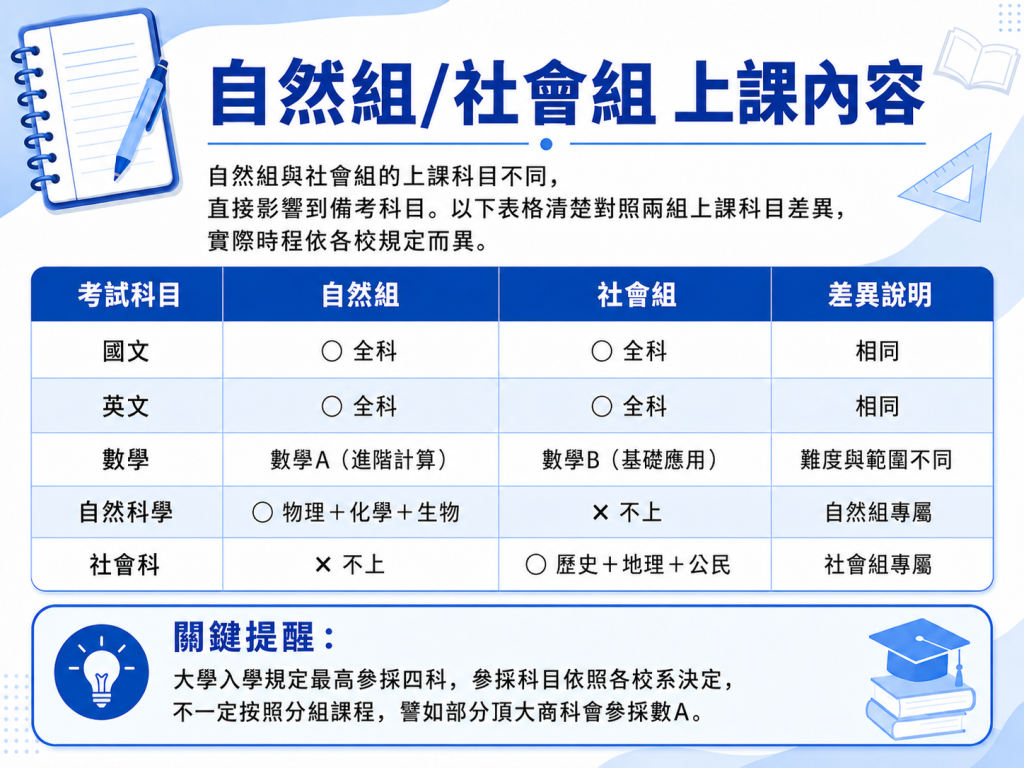 高中自然組及社會組，上課科目的差異
