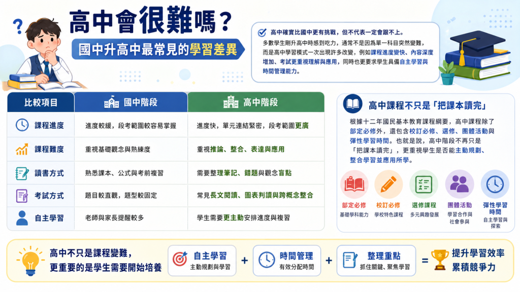 高中銜接國中與高中學習差異比較圖